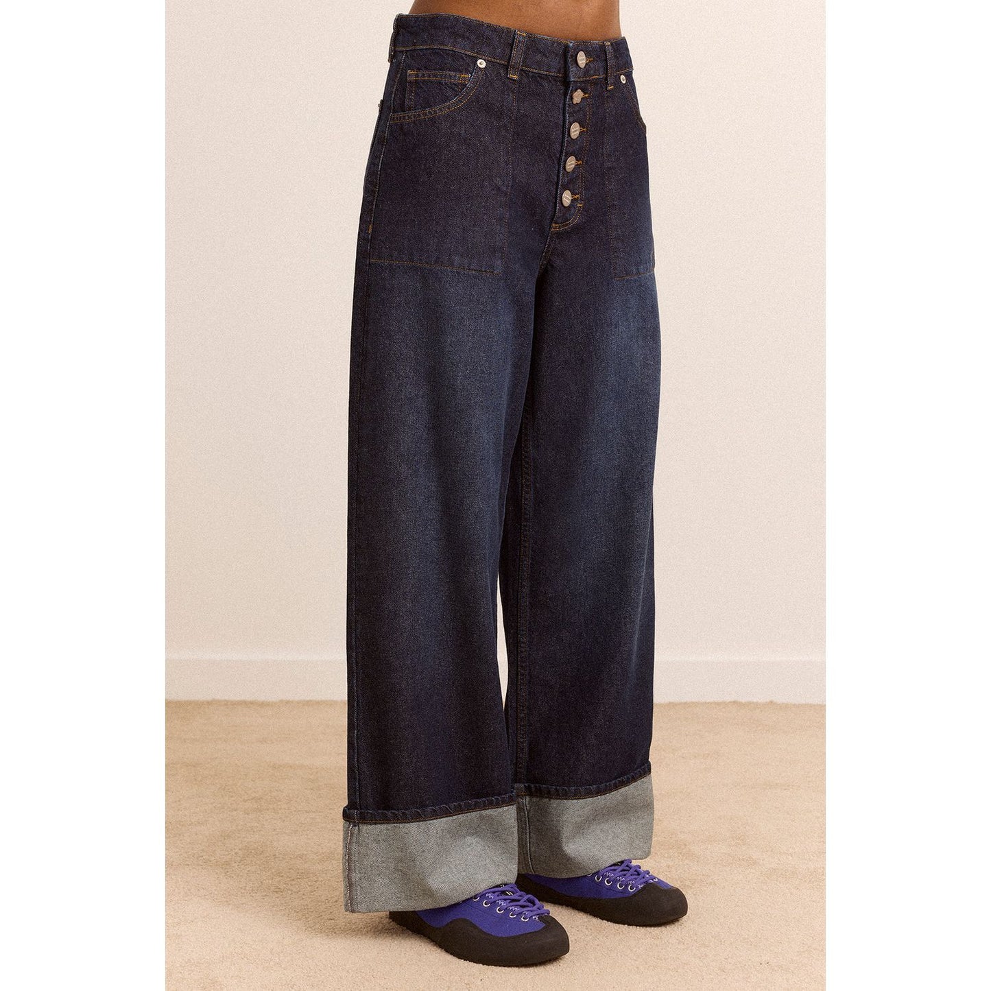 GIGI BAGGY WIDE TURN-UP JEANS - RINSE SLATE WASH