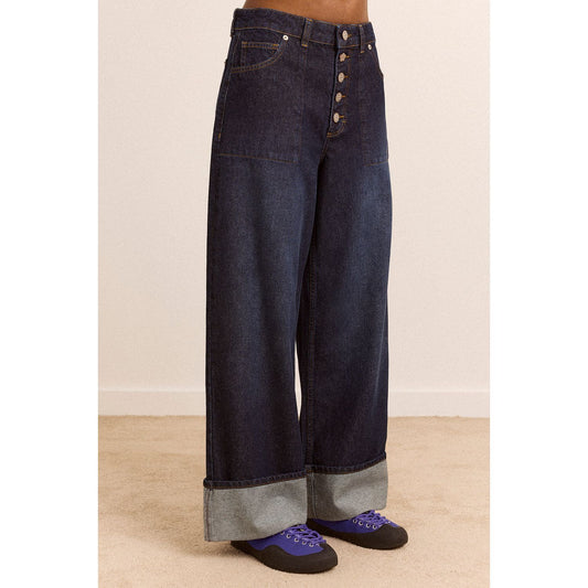 GIGI BAGGY WIDE TURN-UP JEANS - RINSE SLATE WASH