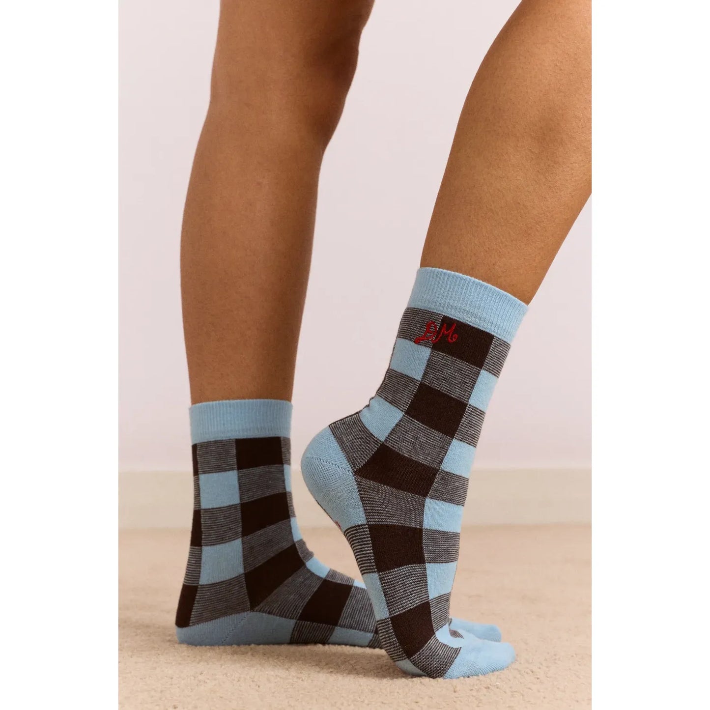 Calf Length Socks - Pale Blue & Choc Gingham