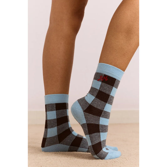 Calf Length Socks - Pale Blue & Choc Gingham