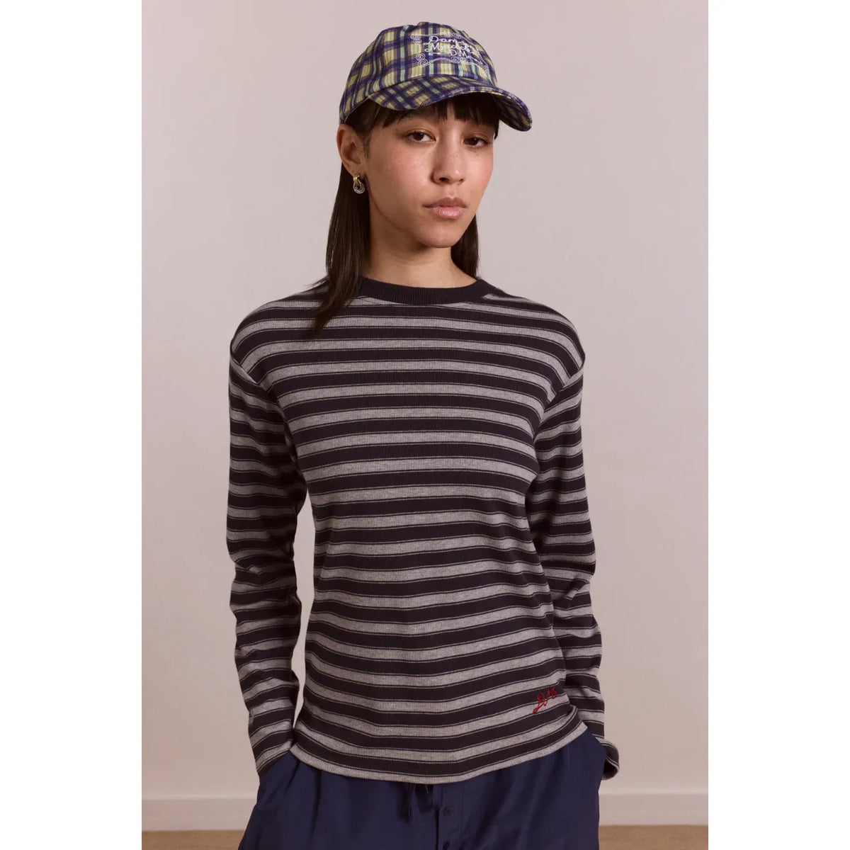 Lilah Fitted Ls Tee - Grey Marl Stripe