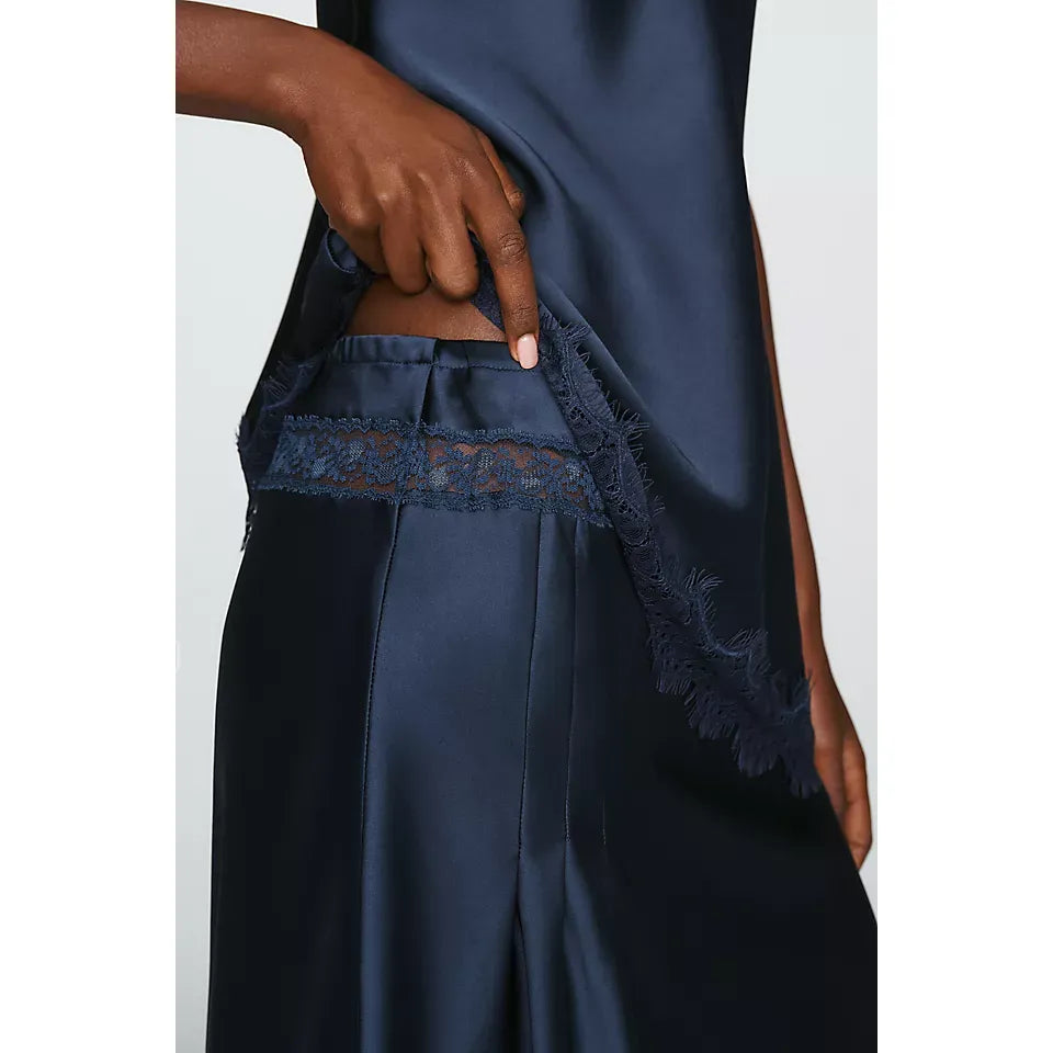 Elena Satin And Lace Midi Skirt - Navy