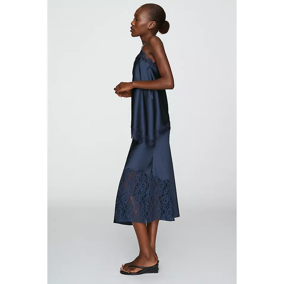 Elena Satin And Lace Midi Skirt - Navy