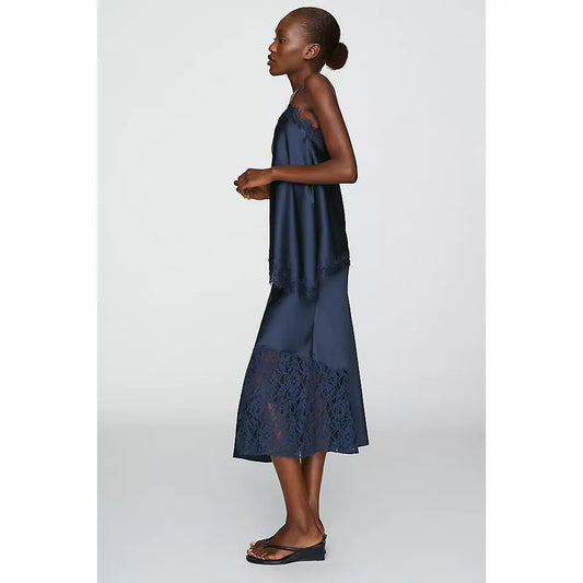 Elena Satin And Lace Midi Skirt - Navy
