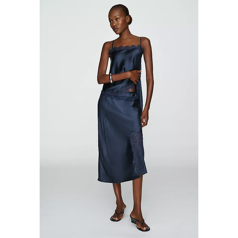 Elena Satin And Lace Midi Skirt - Navy