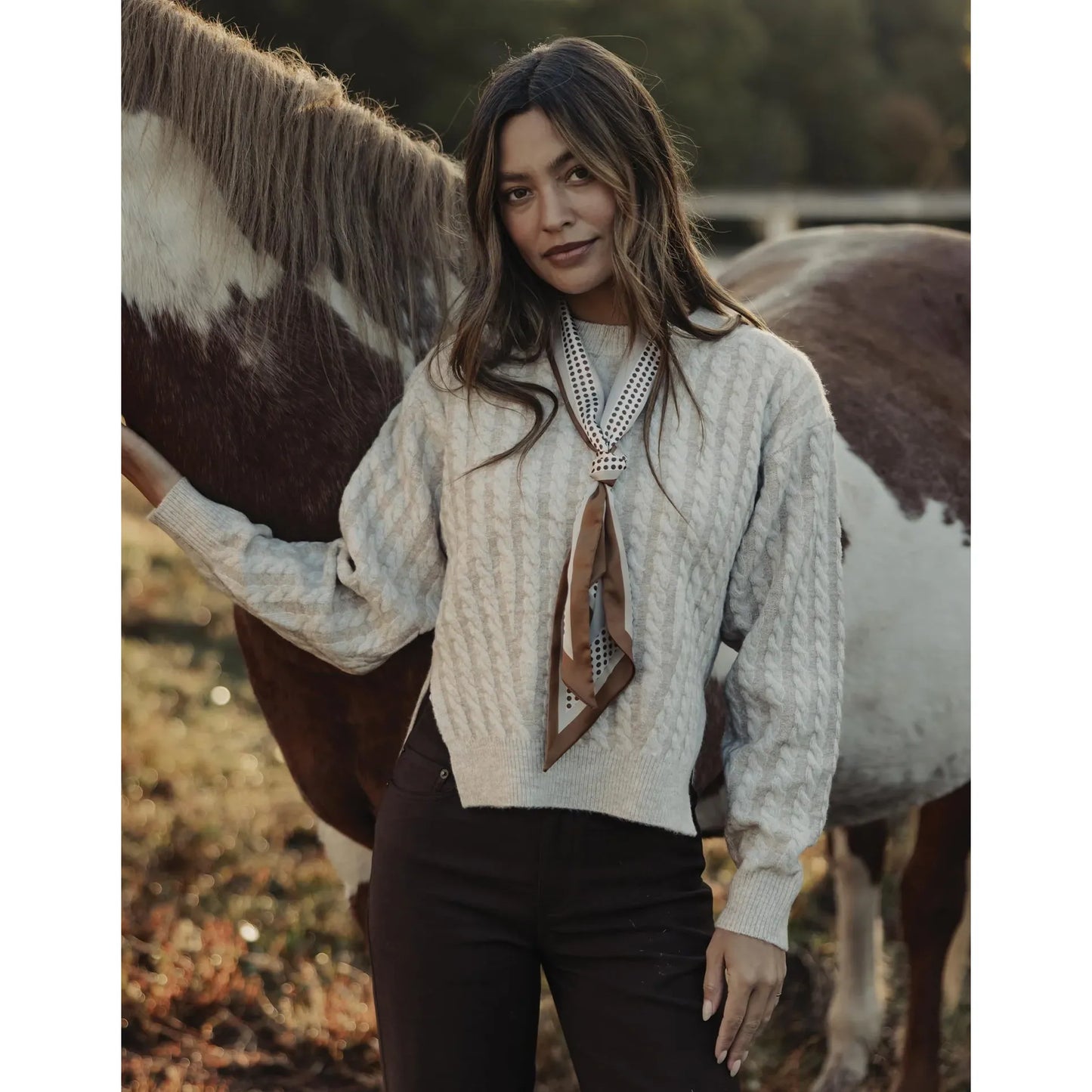 Cable Knit Split Side Pullover in Cream Multi