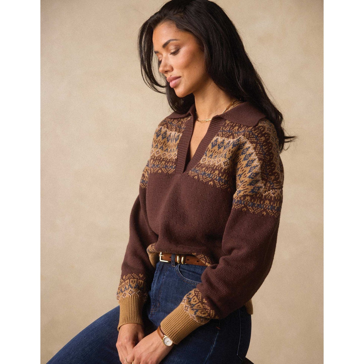 Fair Isle Polo Sweater in Brown Multi