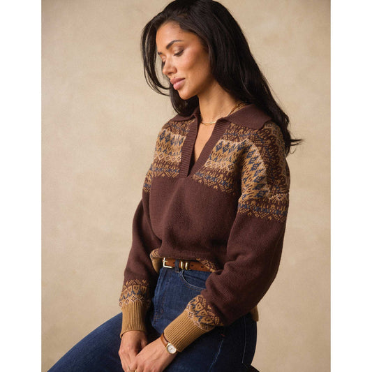 Fair Isle Polo Sweater in Brown Multi