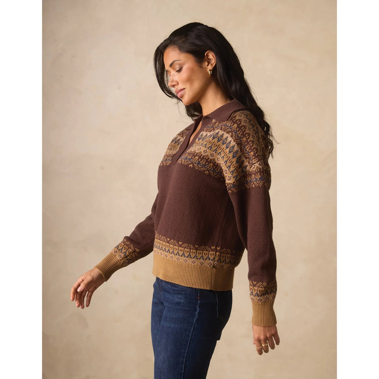 Fair Isle Polo Sweater in Brown Multi
