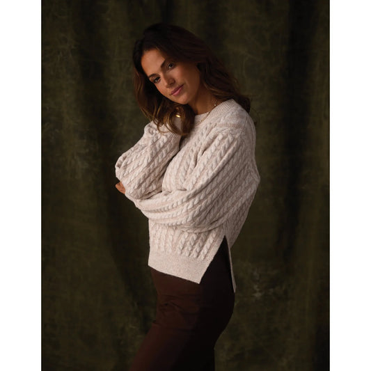 Cable Knit Split Side Pullover in Cream Multi