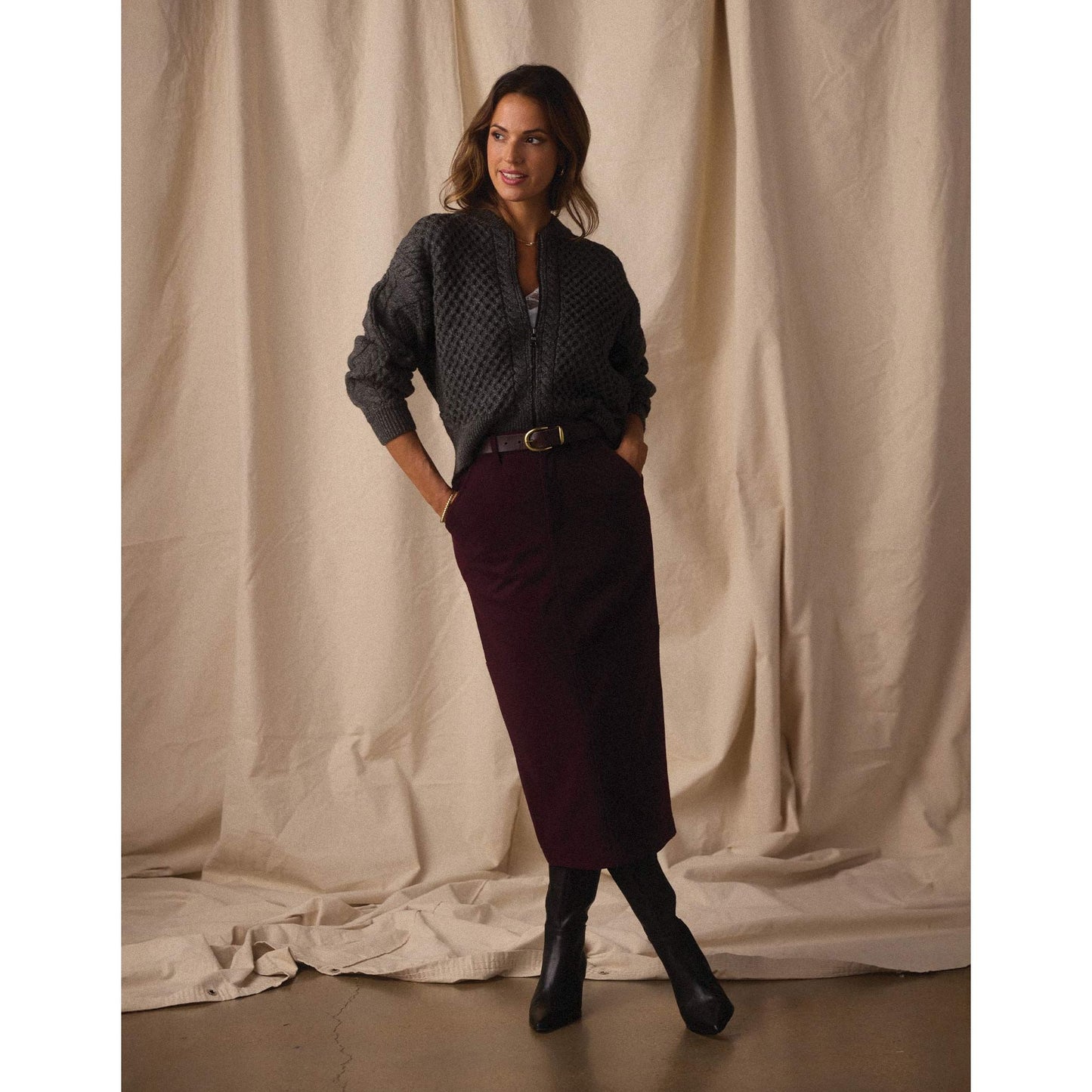 Mixed Cableknit Bomber in Charcoal