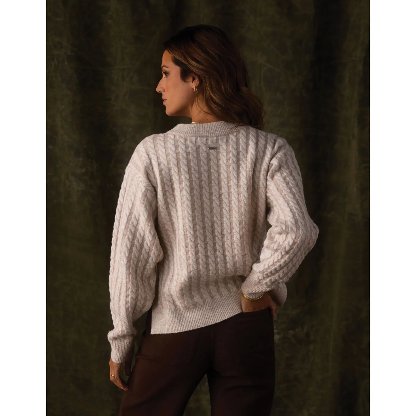 Cable Knit Split Side Pullover in Cream Multi