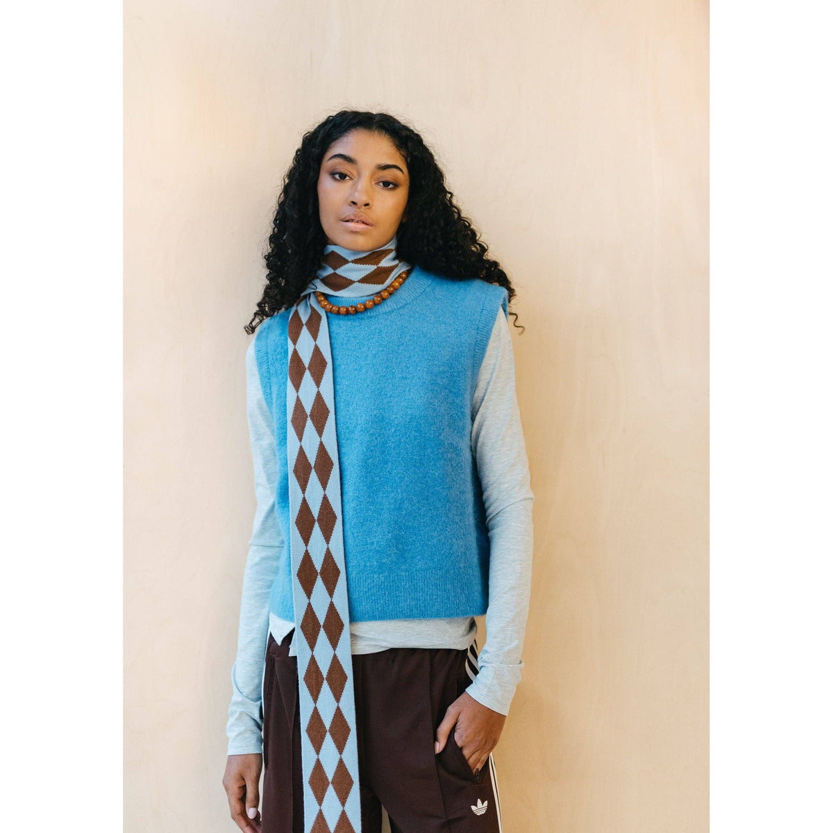 Merino Wool Skinny Scarf in Brown Harlequin
