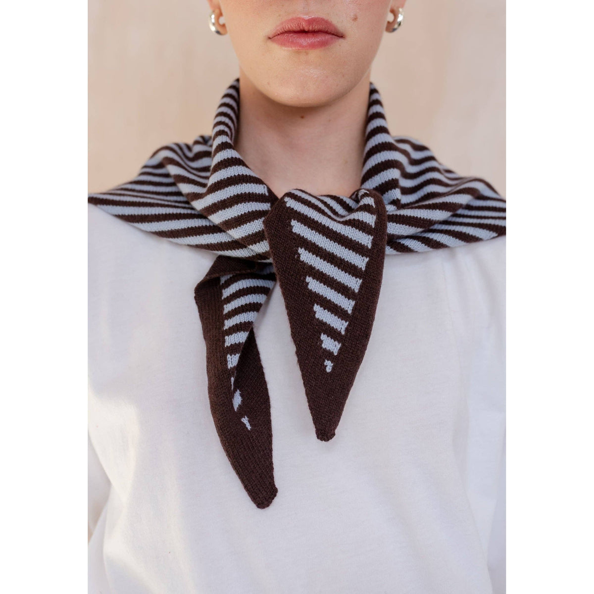 Merino Wool Triangle Scarf in Blue & Brown Stripe