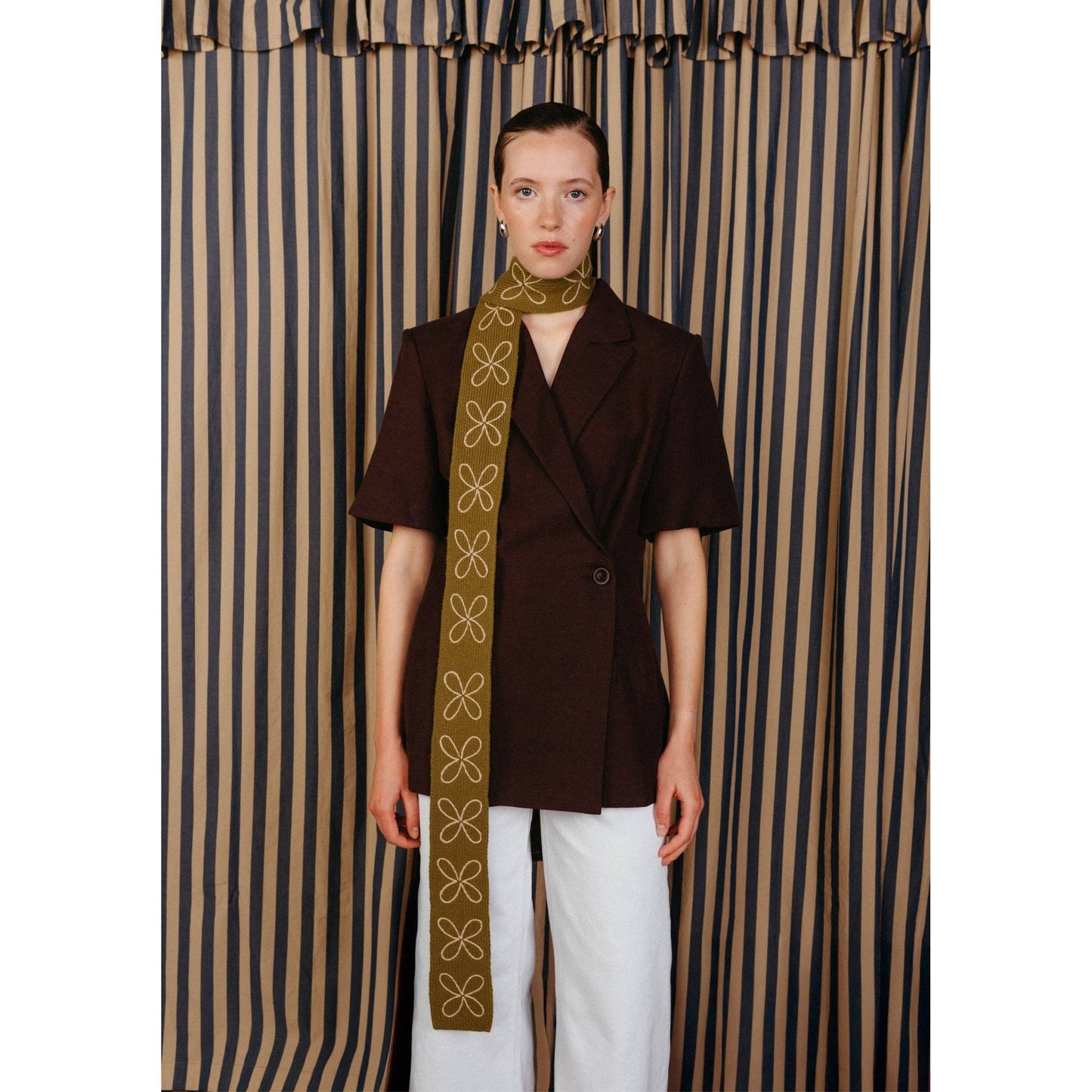 Merino Wool Skinny Scarf in Olive Flora