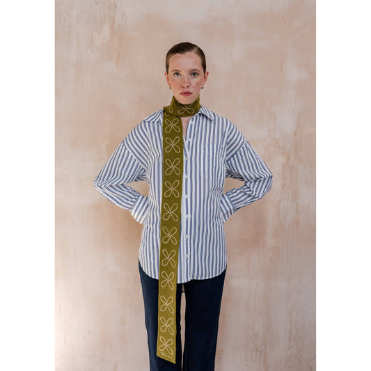 Merino Wool Skinny Scarf in Olive Flora