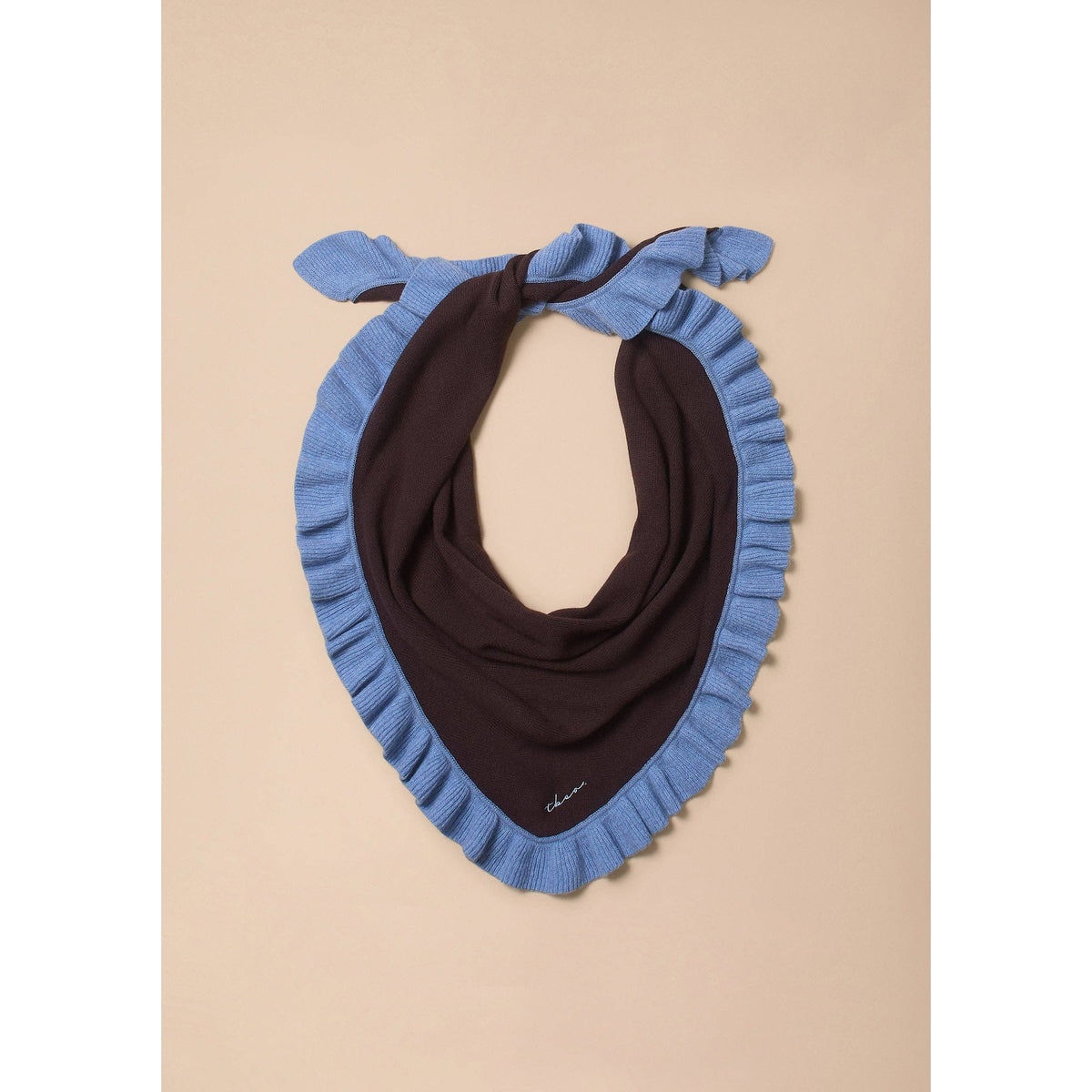 Large Merino Wool Triangle Scarf in Brown Ruffle