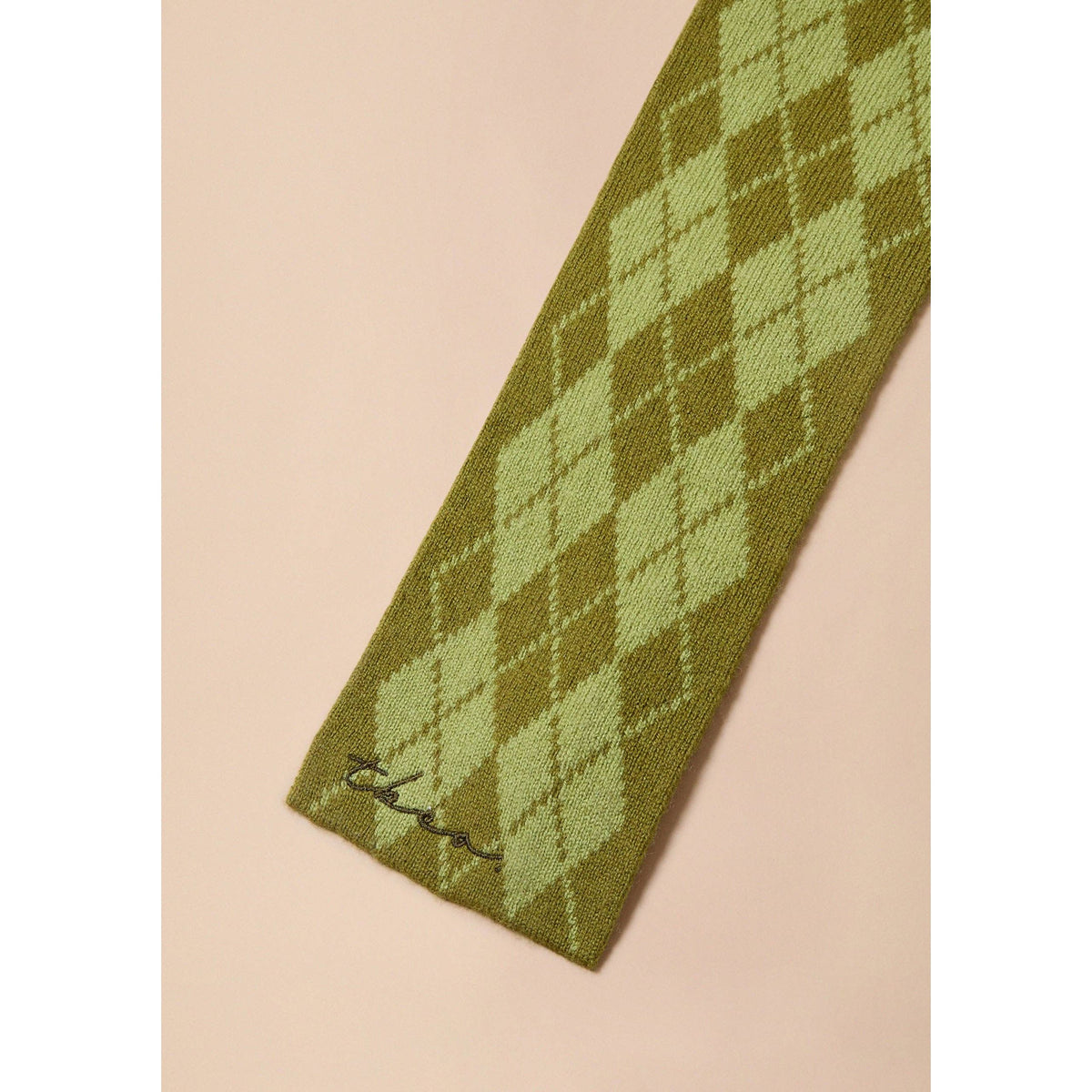 Merino Wool Skinny Scarf in Green Argyle