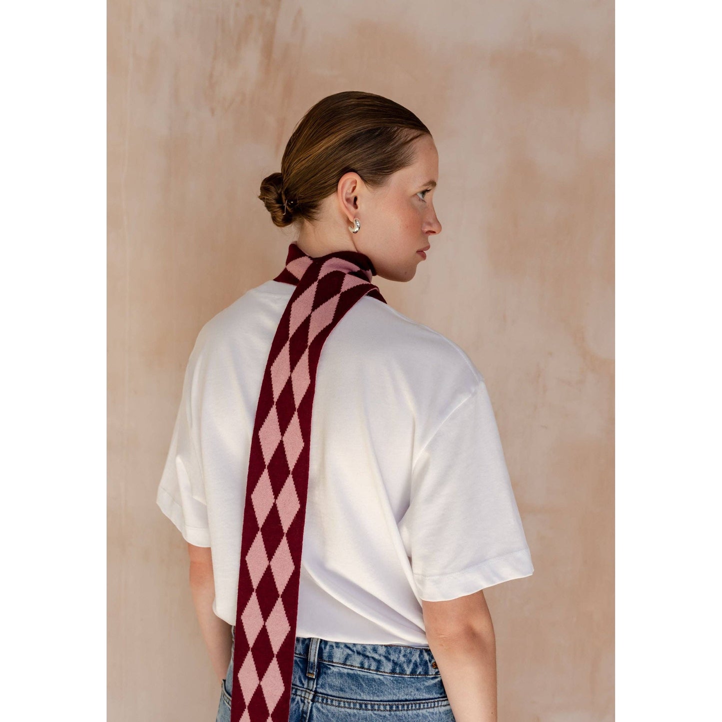 Merino Wool Skinny Scarf in Burgundy Harlequin