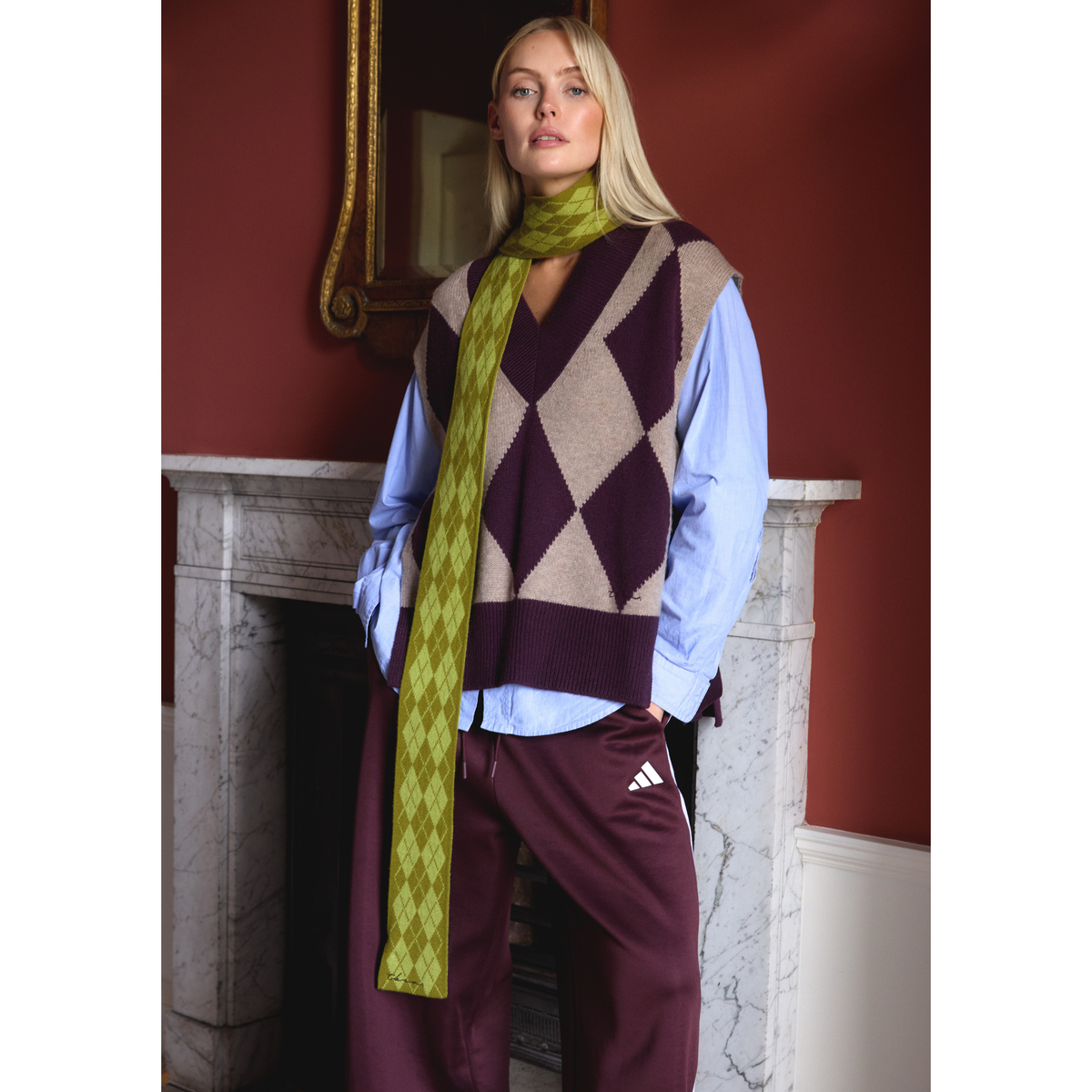 Merino Wool Skinny Scarf in Green Argyle