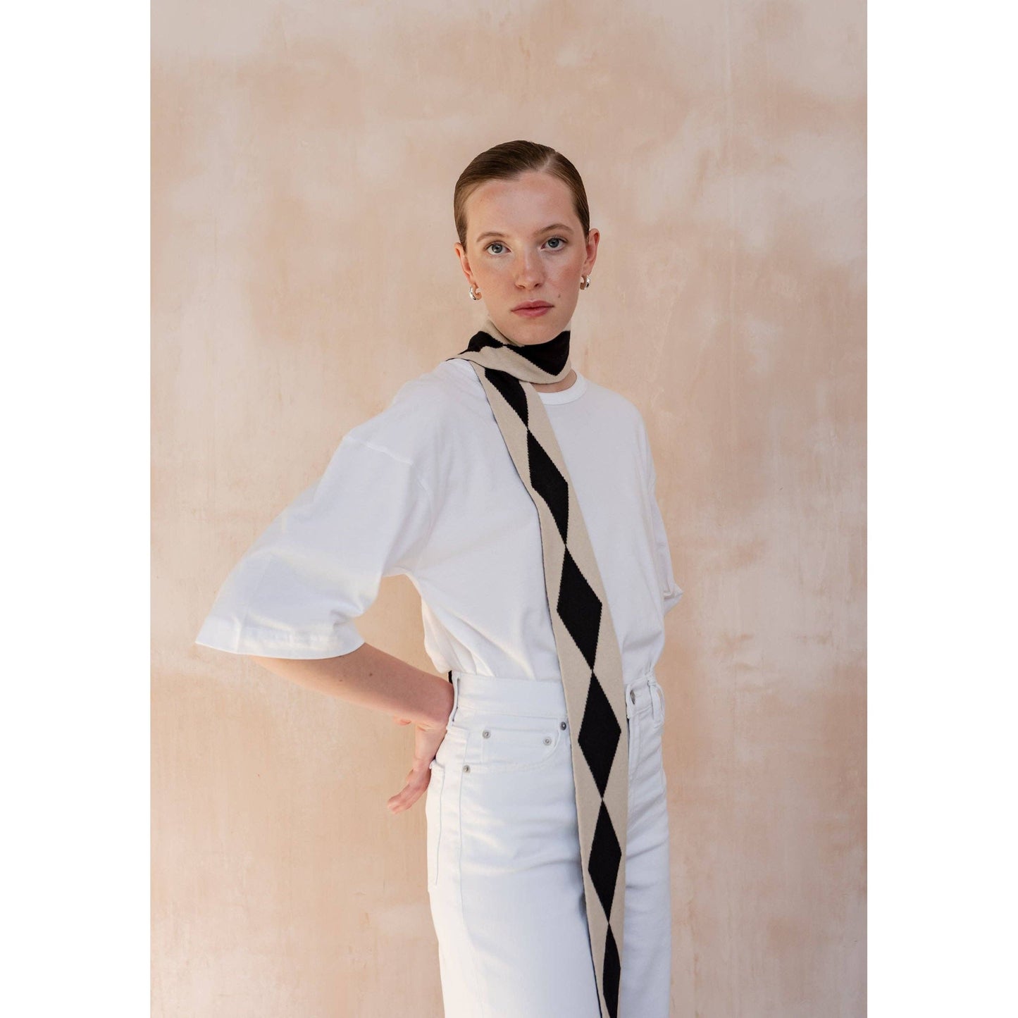 Merino Wool Skinny Scarf in Black Harlequin