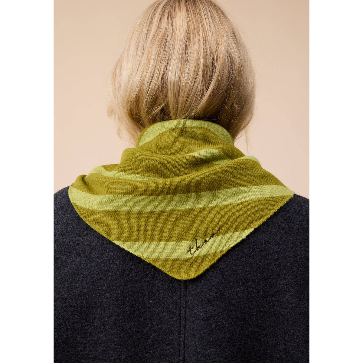 Merino Wool Triangle Scarf in Green Stripe