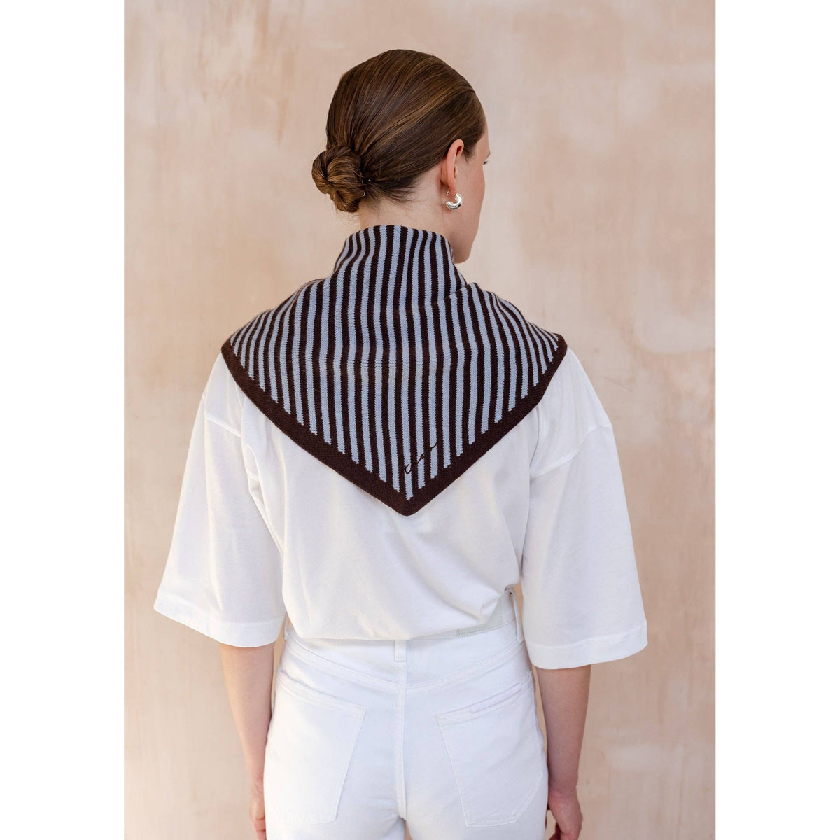 Merino Wool Triangle Scarf in Blue & Brown Stripe