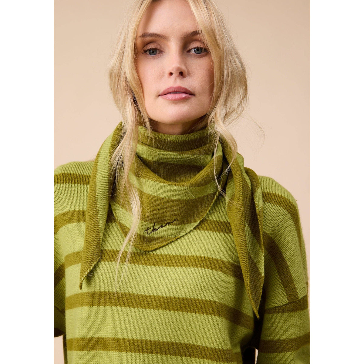 Merino Wool Triangle Scarf in Green Stripe