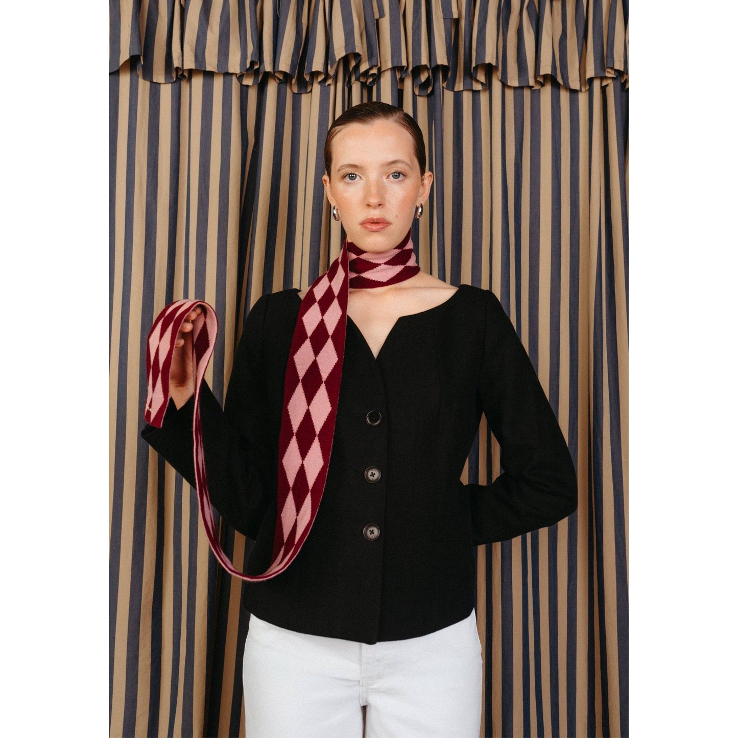 Merino Wool Skinny Scarf in Burgundy Harlequin