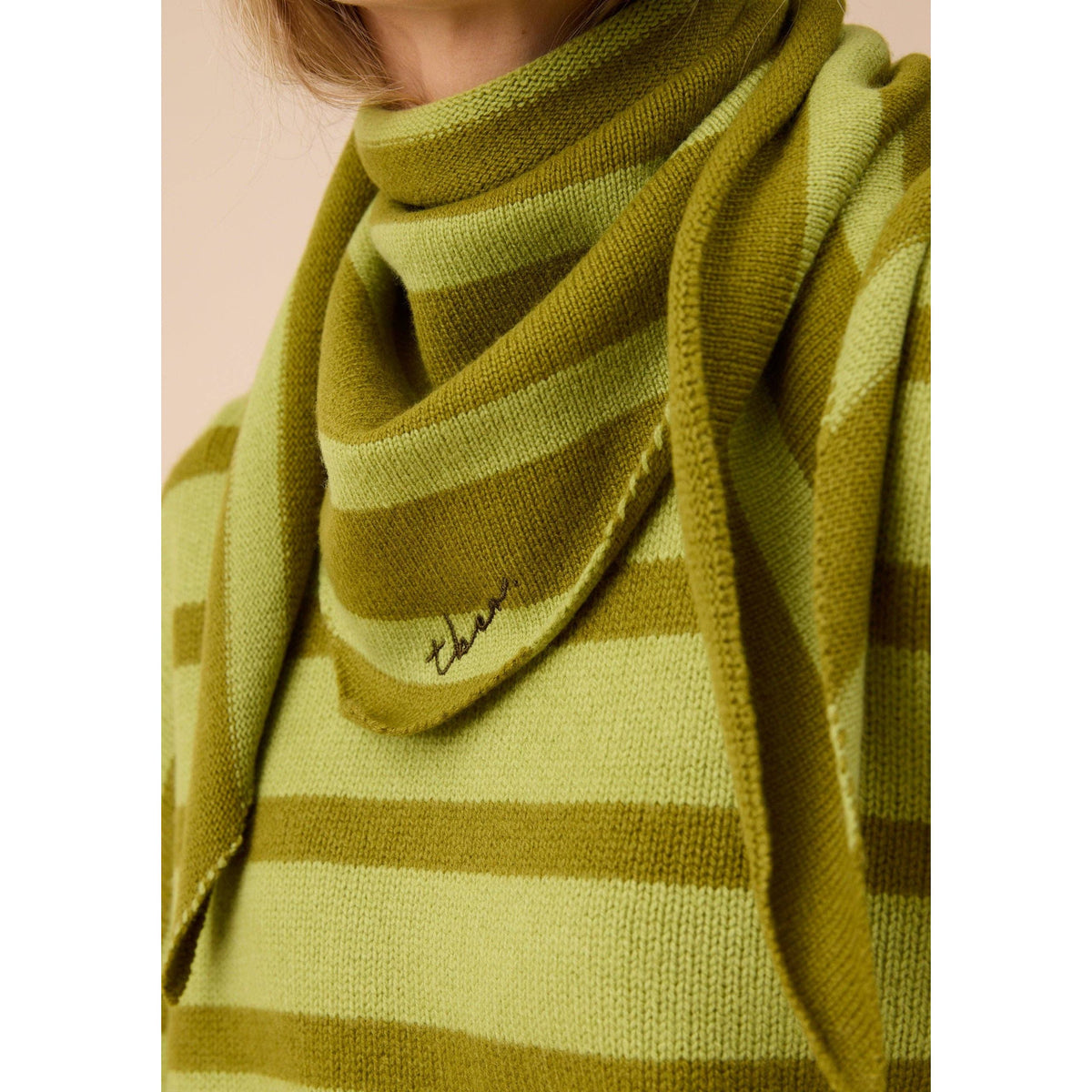 Merino Wool Triangle Scarf in Green Stripe