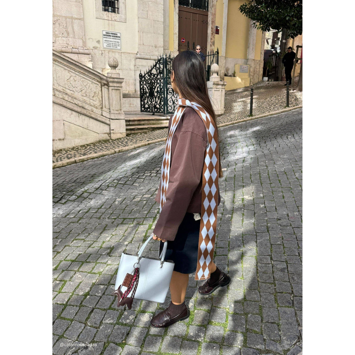 Merino Wool Skinny Scarf in Brown Harlequin