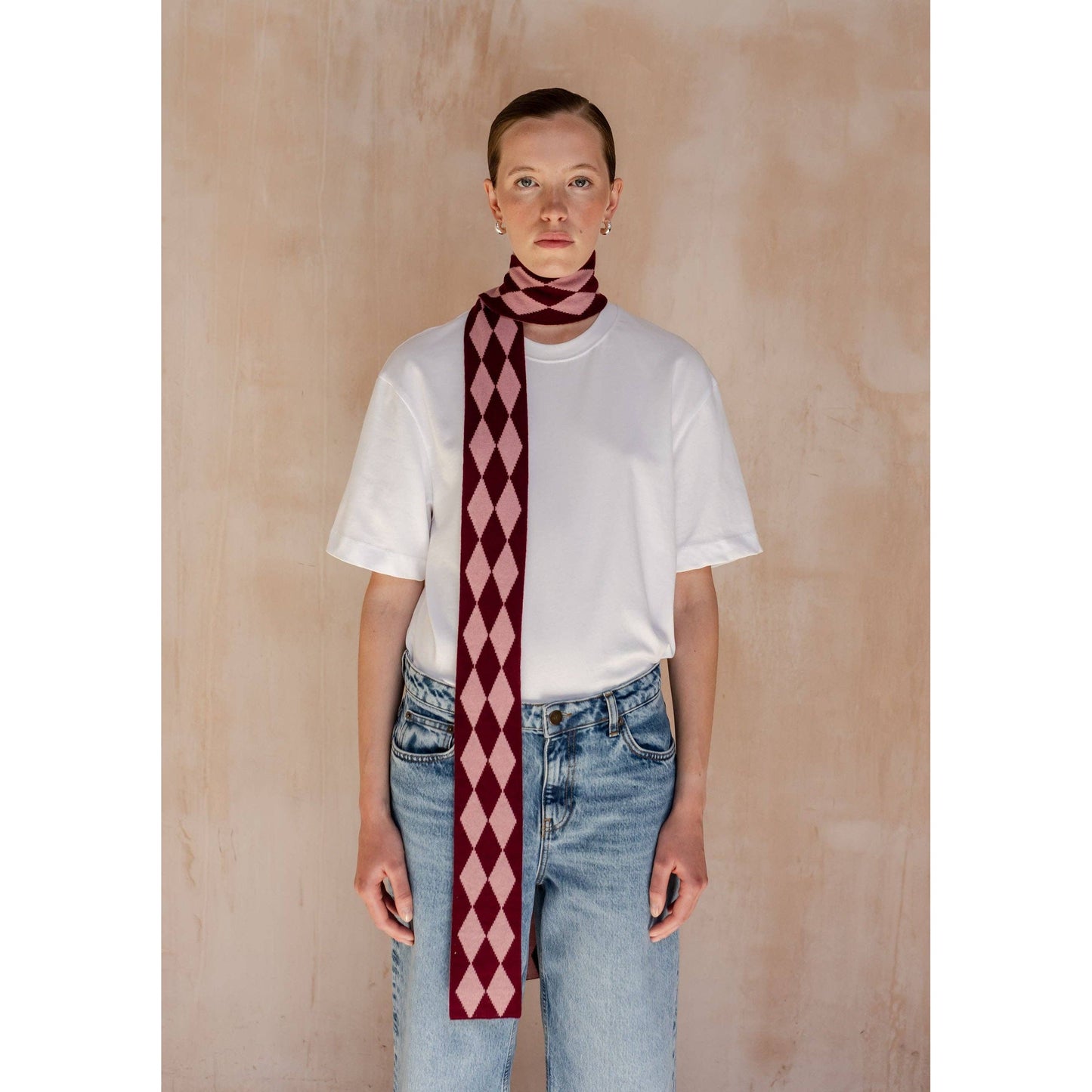 Merino Wool Skinny Scarf in Burgundy Harlequin